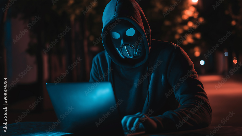 Person working on computer with a mask on face, generative ai Person working on computer with a mask on face, generative ai