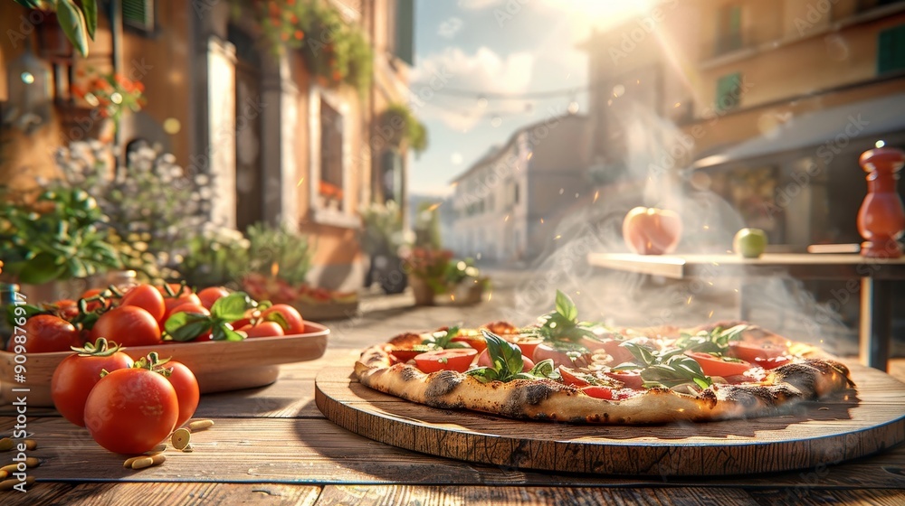 Sizzling Woodfired Artisan Pizza on a Rustic Italian Piazza Fresh Toppings and Crispy Crust in a Scenic Setting Sizzling Woodfired Artisan Pizza on a Rustic Italian Piazza Fresh Toppings and Crispy Crust in a Scenic Setting