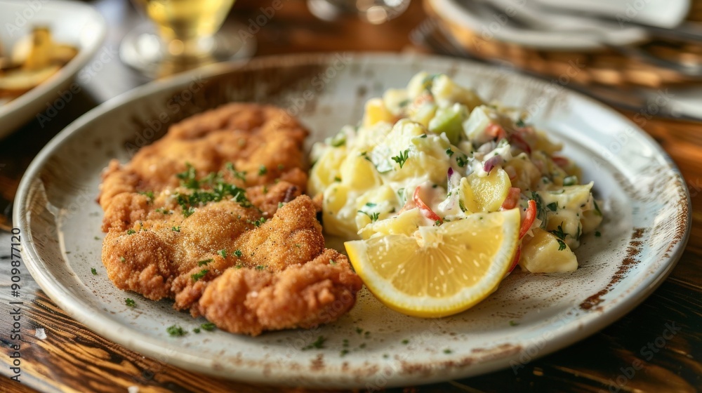 A plate features crispy schnitzel alongside a vibrant potato salad, garnished with a wedge of lemon, inviting diners to indulge in traditional German cuisine A plate features crispy schnitzel alongside a vibrant potato salad, garnished with a wedge of lemon, inviting diners to indulge in traditional German cuisine