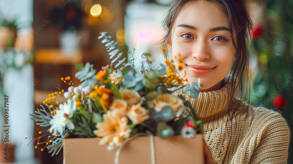 Young woman holding a bouquet of flowers is smiling in a flower shop Young woman holding a bouquet of flowers is smiling in a flower shop