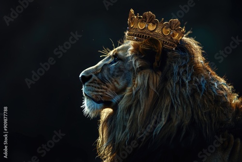 A majestic lion wearing a regal crown photo