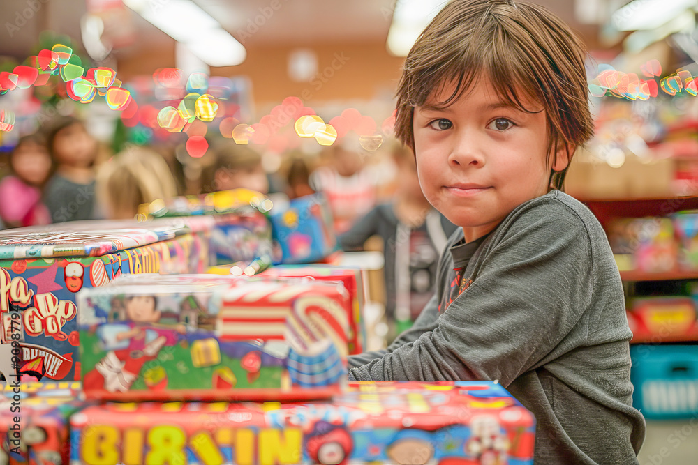 Fototapeta premium Young boy volunteering sorting christmas presents for donation