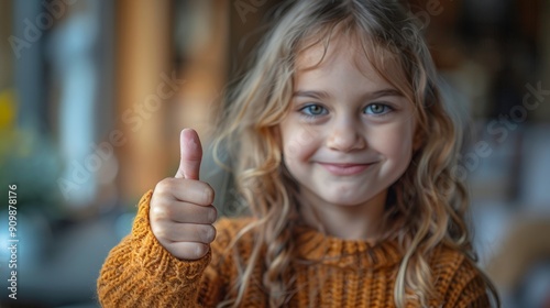 Cute child making a thumbs up gesture with her hand smile happily Show appreciation.