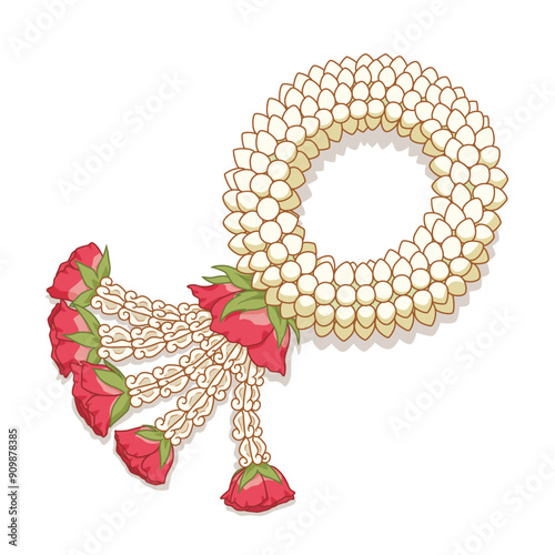 Vector illustration of Thai jasmine garland with roses and crown flowers.