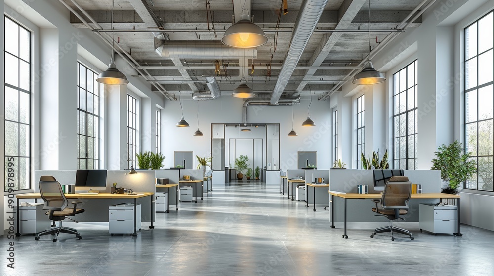 Modern Open Concept Office Space With Natural Light and Green Plants Modern Open Concept Office Space With Natural Light and Green Plants