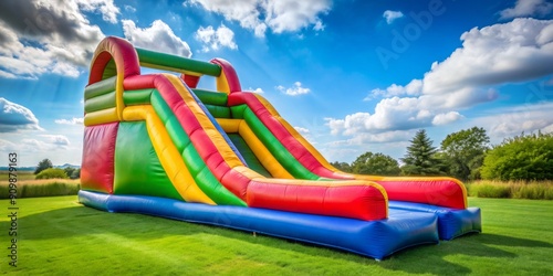 Vibrant colorful inflatable slide stands alone on a bright green lawn, awaiting a child's descent, conveying fun, excitement, and joyful summer memories.