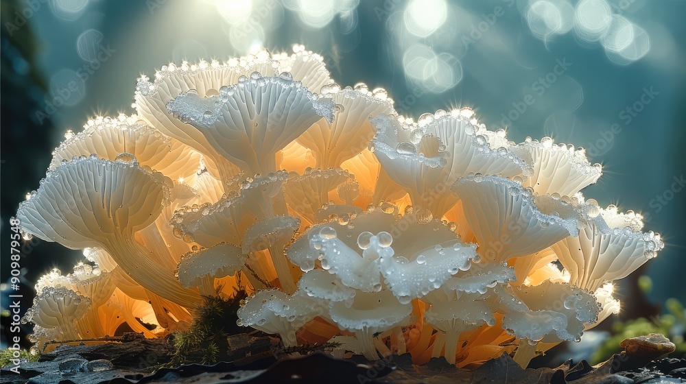 White fungus backlit. Generative AI. White fungus backlit. Generative AI.