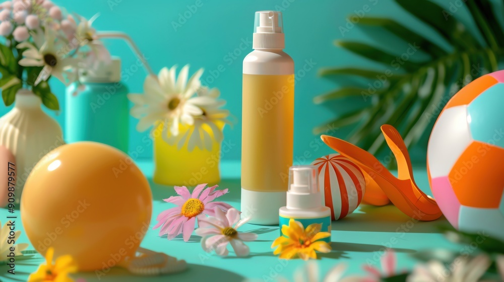 Bottles of sunscreen cream, swimwear, and beach ball on green background, fun in the sun concept Bottles of sunscreen cream, swimwear, and beach ball on green background, fun in the sun concept