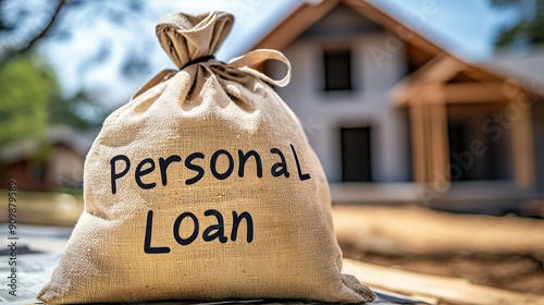 A sack labeled 'Personal Loan' in front of a house under construction, symbolizing financing for home building or renovation.