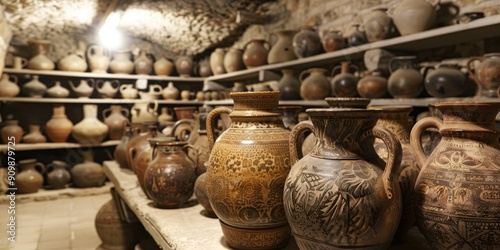 Traditional Georgian pottery displayed in half buried jugs showcasing the country s rich craftmanship and heritage photo