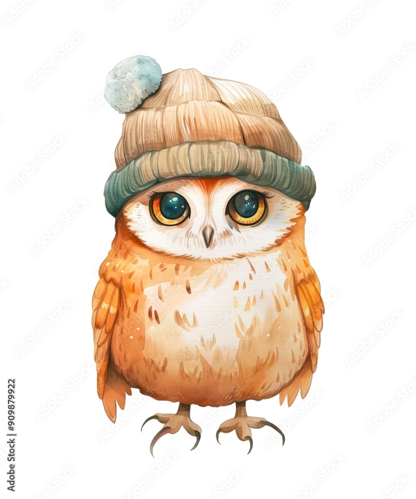 Φωτογραφία Watercolor illustration of a cute baby owl wearing winter hat isolated on white background