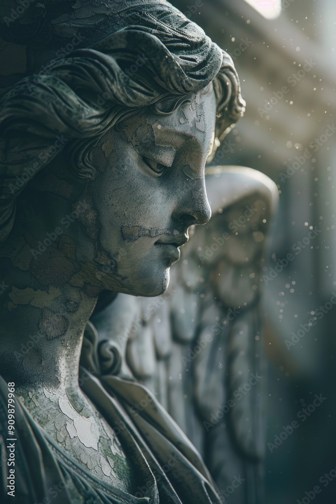 Obraz premium A detailed view of a statue featuring a woman's face and hair, suitable for use in historical or artistic contexts