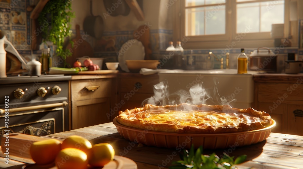 Golden Glazed Quiche Savory Delight in a Rustic French Kitchen Golden Glazed Quiche Savory Delight in a Rustic French Kitchen