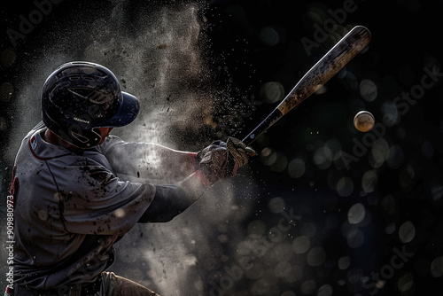 A baseball player swings his bat at a ball, creating a blurry effect in the background.