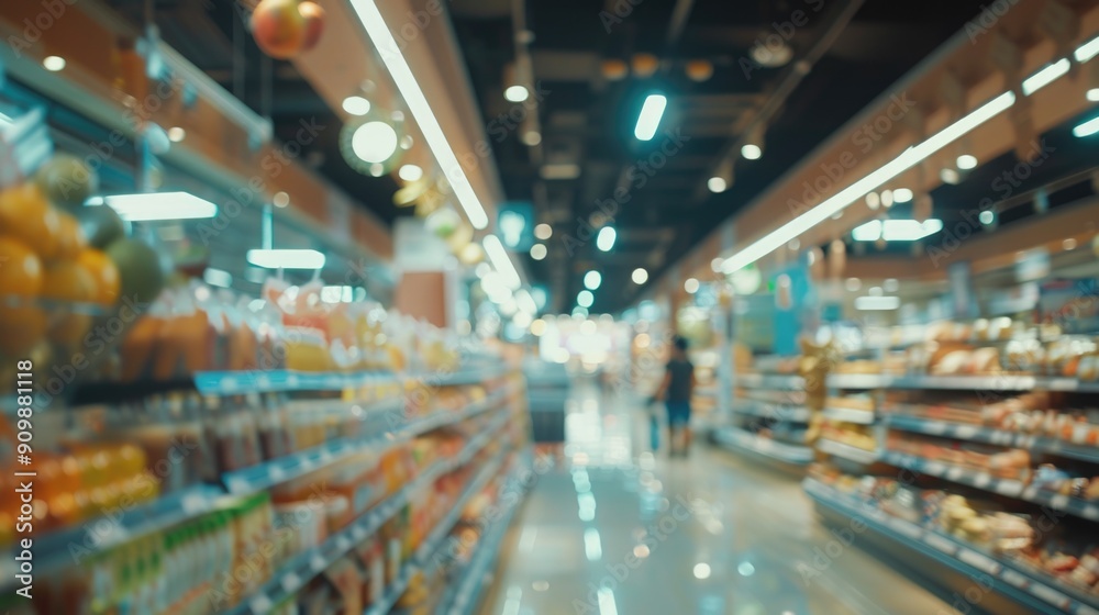 Shelf-lined grocery store aisle with blurred products and customers shopping in the background Shelf-lined grocery store aisle with blurred products and customers shopping in the background