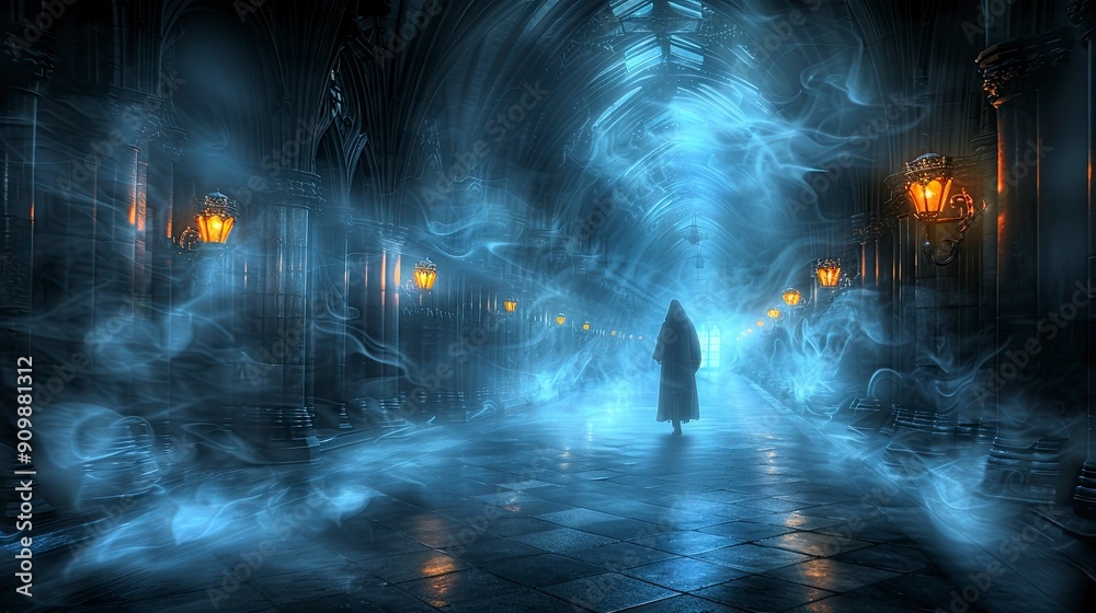 Mystical castle corridor with glowing lanterns and blue mist Mystical castle corridor with glowing lanterns and blue mist