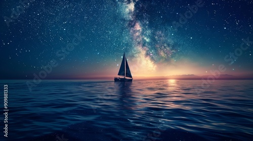 Starry Night Serenity Luxury Yacht Gliding on Milky Way Reflected Sea photo