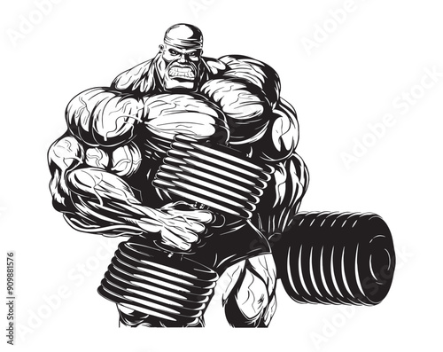 Heaviest Bodybuilder Weight Lifter with Two Dumbbells in both hands front with P-Cap Black Clipart Art Vector for T-shirts and Wall Decal Workout Athletic Gym Muscle Logo Fitness Beast Barbell Healthy
