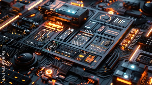 A highly detailed image of a futuristic data processor with glowing circuits and digital readouts.