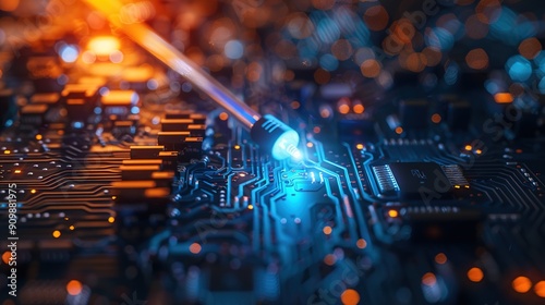 A macro shot of a fiber optic cable emitting bright blue light, surrounded by a dark, tech-themed background.