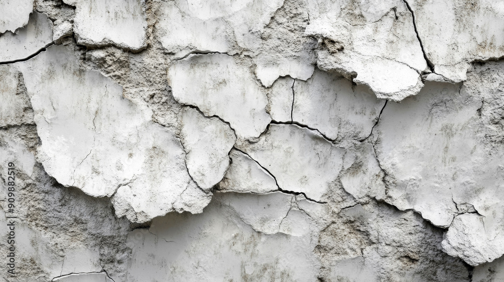 Capturing the detailed texture of an aged, weathered exterior wall, this image tells a story of history with cracked, peeling white paint revealing concrete and stone underneath