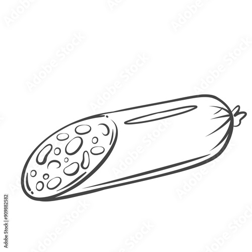 Sausage stick line icon. Hand drawn retro Italian salami, mortadella or kielbasa with meat and lard on cut. Delicatessen food, butchery mascot, outline smoked sausage icon vector illustration
