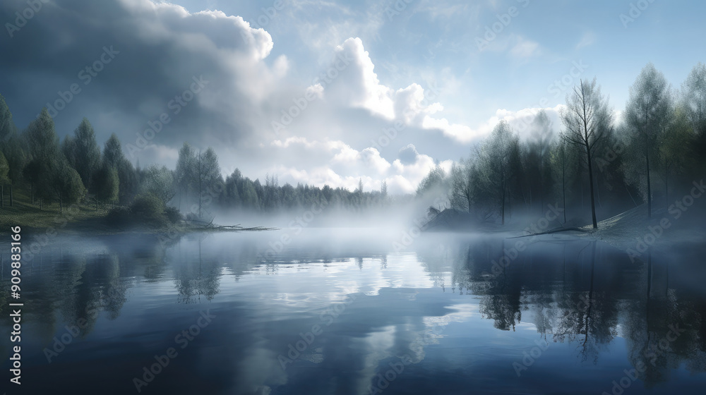 Foggy lake surrounded by dense forest at dawn. Nature photography for serene and tranquil landscape Foggy lake surrounded by dense forest at dawn. Nature photography for serene and tranquil landscape