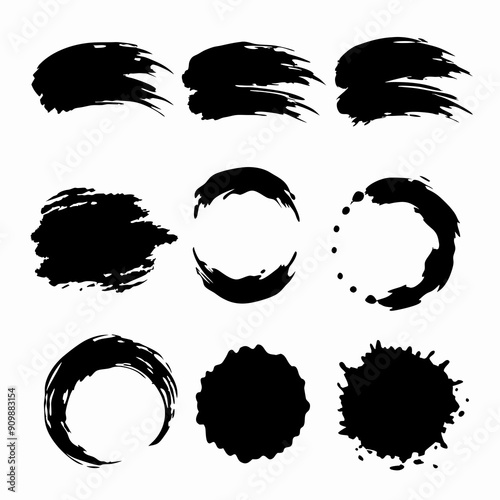 several distinct black brush strokes in various styles and intensities are arranged in two horizontal rows