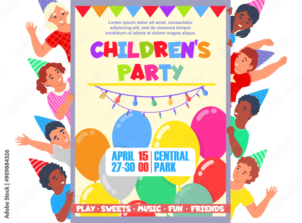 Happy children party poster design template vector illustration. Cheerful kids holding invitation for fun time celebration Happy children party poster design template vector illustration. Cheerful kids holding invitation for fun time celebration
