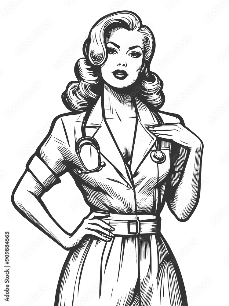 Fototapeta premium retro nurse in a stylish uniform, featuring playful pose that combines professional attire with vintage charm sketch engraving generative ai raster illustration. Black and white image.