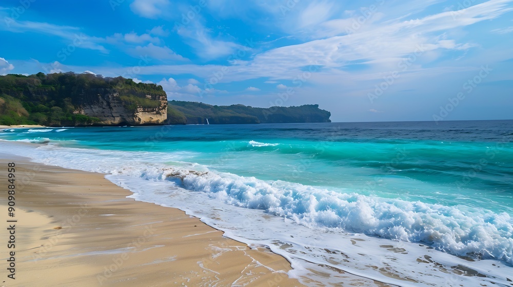 Obraz premium Scenery of sunny day with sand beach turquoise ocean blue sky waves and mountains View of Diamond beach Nusa Penida Bali island Indonesia Wallpaper background Natural scenery : Generative AI