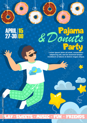 Pajama and donuts party for kids poster design template. Games and discotheque for children best friends. Birthday, anniversary entertainment promotion