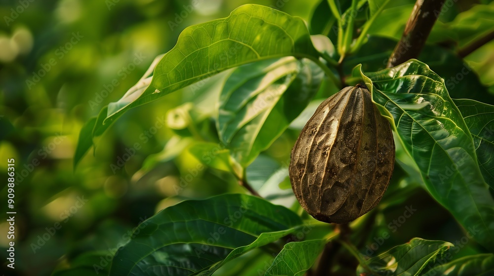 Fototapeta premium Nutmeg is a plant in the form of a tree that originates from the Banda Islands Maluku The fruit is oval in shape One fruit produces one white seed when it is young and dark brown when : Generative AI