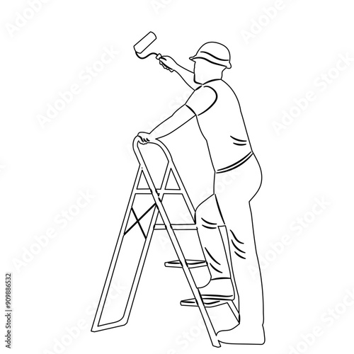 painter with ladder painting sketch, on white background vector