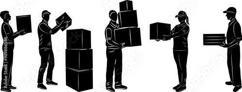 people holding boxes in hands set, silhouette collection, on white background vector