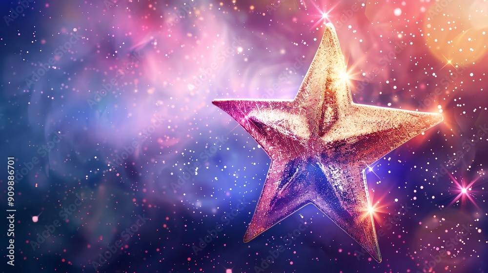 A gold star against a glittery blue and purple background. A gold star against a glittery blue and purple background.