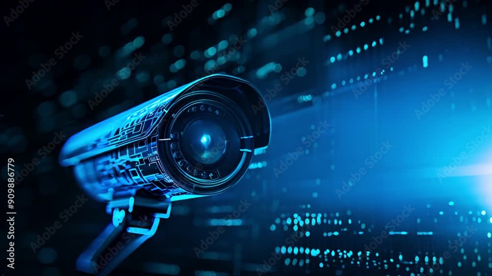 A futuristic, glowing blue security camera against a dark background with bokeh lights. A futuristic, glowing blue security camera against a dark background with bokeh lights.