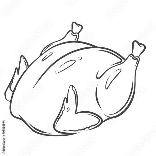 Whole chicken line icon. Hand drawn retro raw or cooked poultry carcass with legs and wings, birds white meat. Butchers shop, dish mascot, outline organic turkey or chicken icon vector illustration