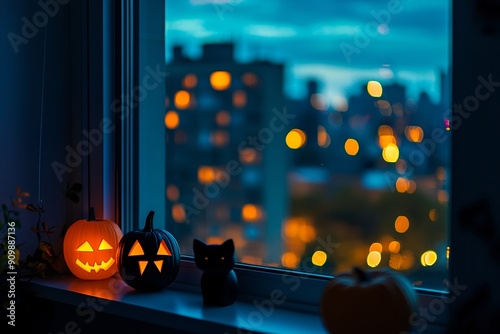 Halloween-Fensterbank mit Kürbislaternen photo