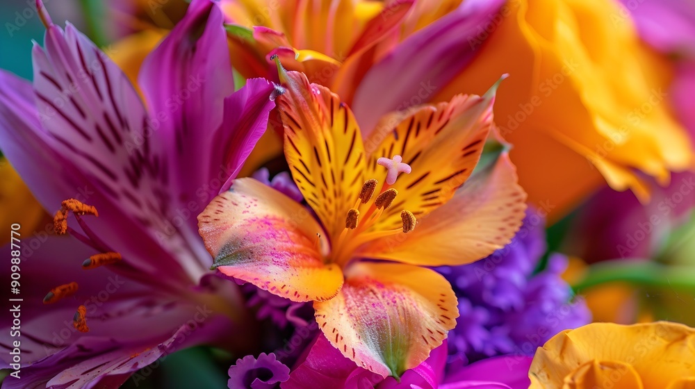 Naklejka premium colorful summer cut flower bouquet close up orange purple yellow and pink : Generative AI