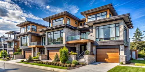 Beautiful Home Exterior design of residential fronts that are varied and interesting to look at. Neighborhood new modern houses in Vancouver. Canadian modern residential architecture. Street photo