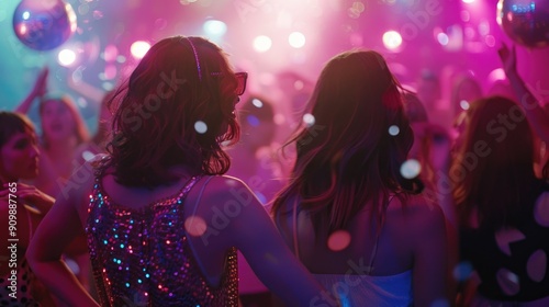 Two women stand together at a party, smiling and chatting