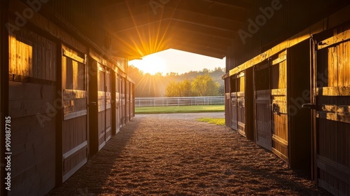 Sunny horse stable. Beautiful stable for horses.	 photo