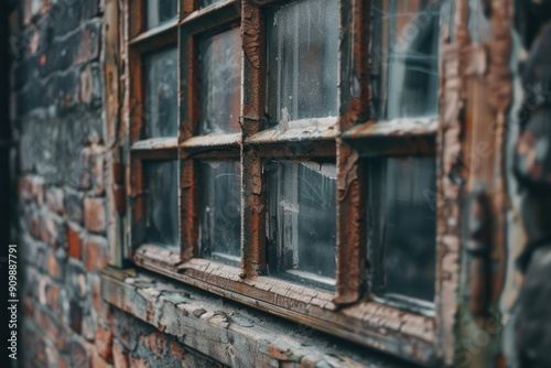 Abandoned brick building with broken window and crumbling facade