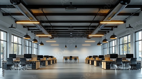 Modern Office Interior With Large Windows and Desks Under Industrial Lighting Fixtures