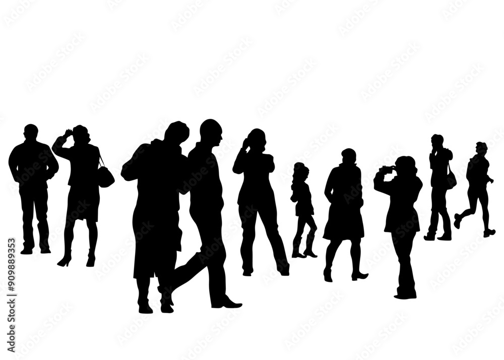 Big crowds people walking on white background