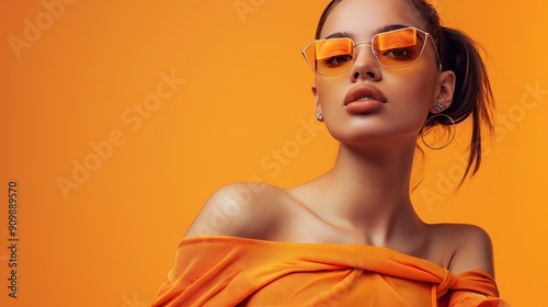 Fashion model girl posing in stylish diamondshaped glasses and an orange top on an orange studio background Fashion and style for sunglasses Summer haute couture collection : Generative AI