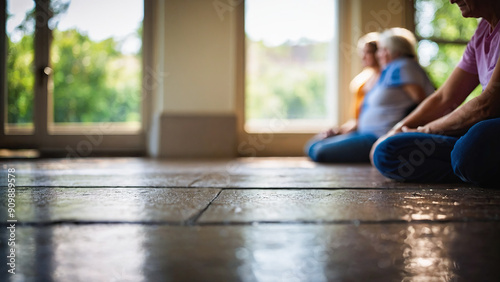 A group of people sits cross-legged on the floor, meditating in a bright room with large windows and a peaceful atmosphere.