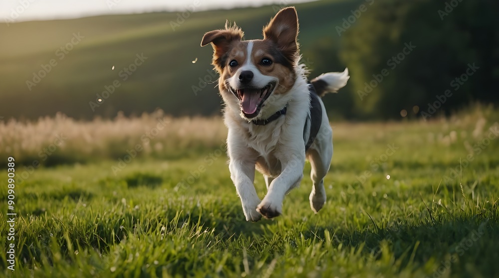 A happy dog is running on a green field, the international dog day concept A happy dog is running on a green field, the international dog day concept