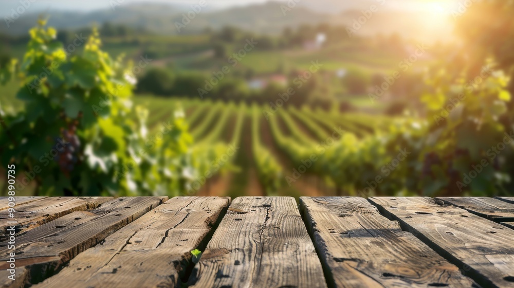 Empty wooden table top for product display, presentation stage. Blurred landscape of green vineyards in the background. Empty wooden table top for product display, presentation stage. Blurred landscape of green vineyards in the background.
